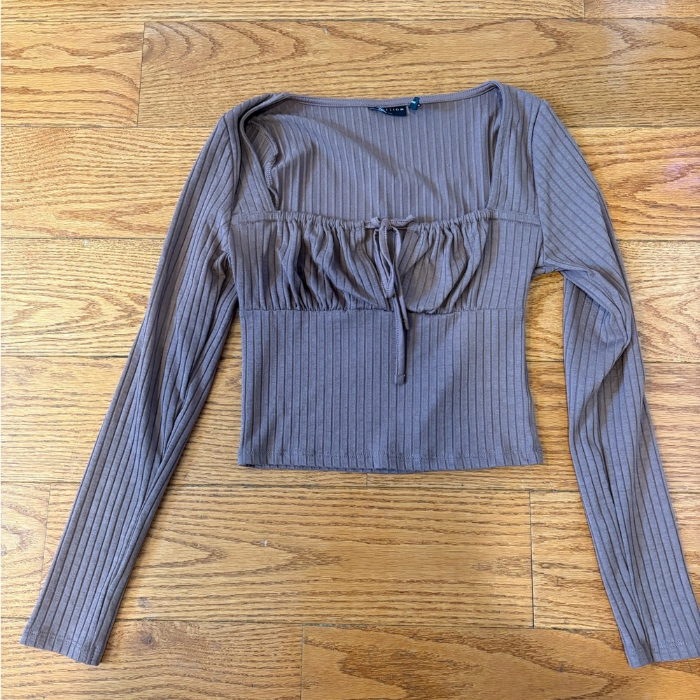 asos long sleeve brown ribbed tie front top